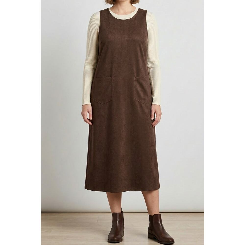Faux‎ Suede Jumper Overall Dress 14 Midi 90s Chocolate Brown Cottagecore Granola